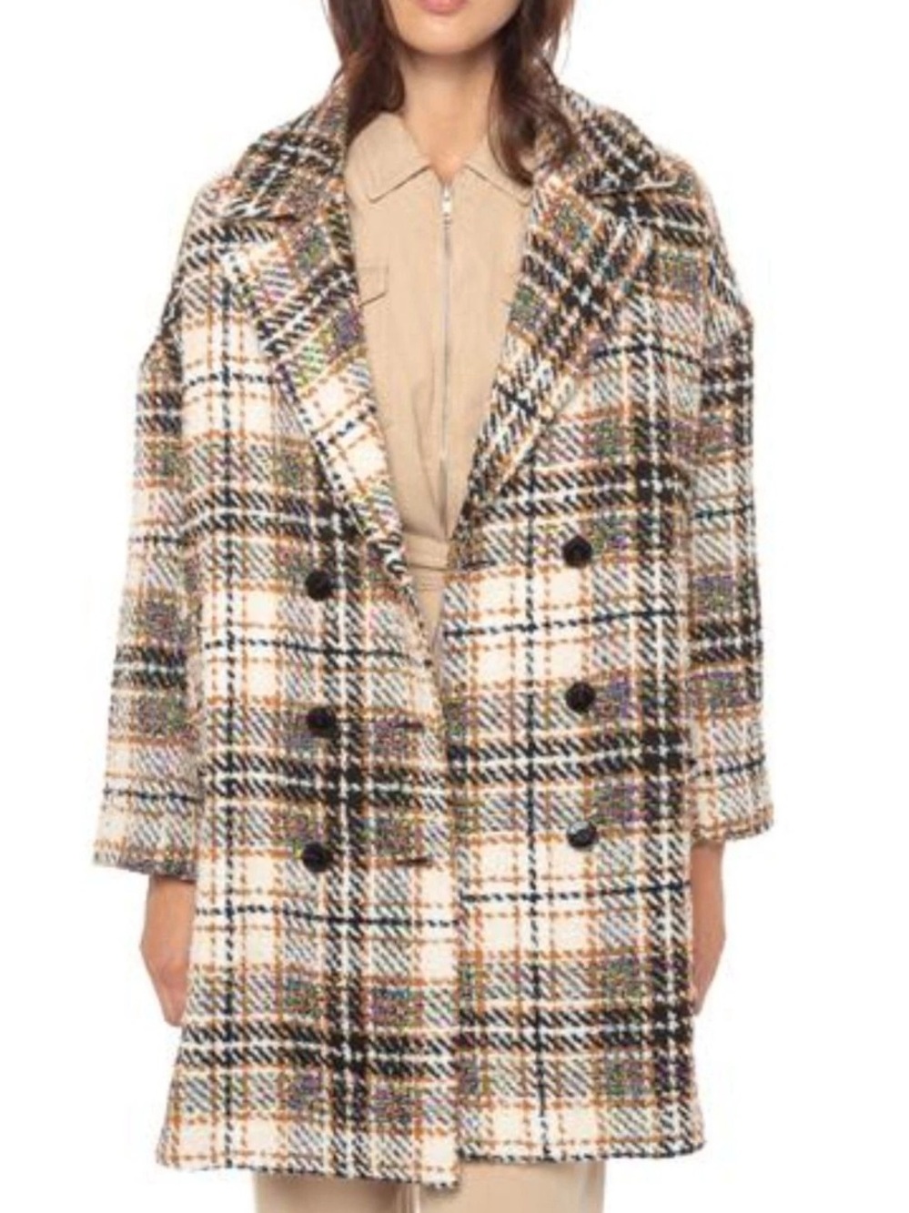 DESIGUAL Cream Black Neon Colorful Plaid Tweed Oversized Wool Duke Coat Small